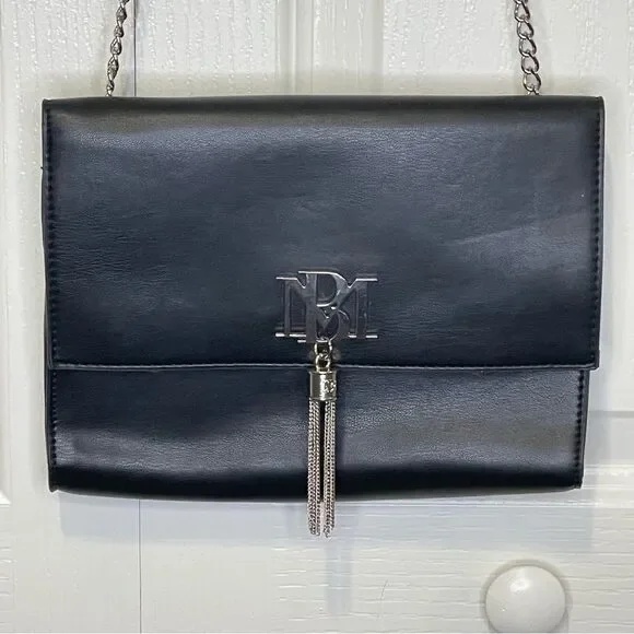 Badgley Mischka Metal Fringe Purse Black With Long Silver Chain - Picture 1 of 15